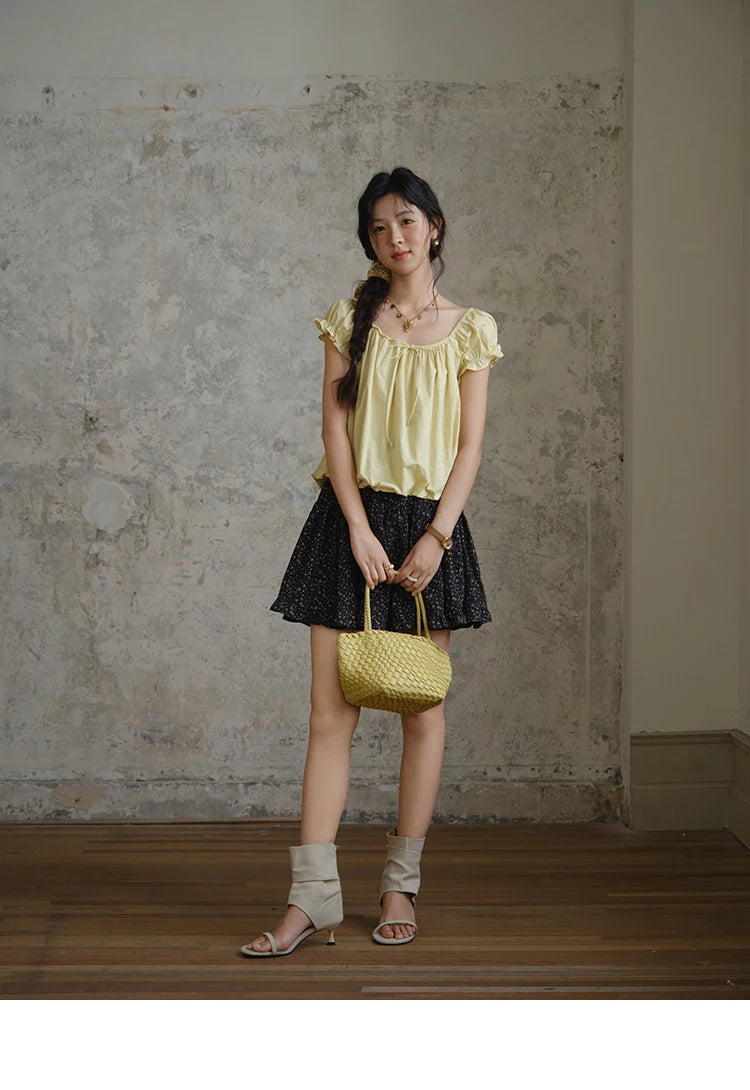 MISHOW Cotton Blouse Puff Sleeve Lace Up O-Neck MXE37X1893