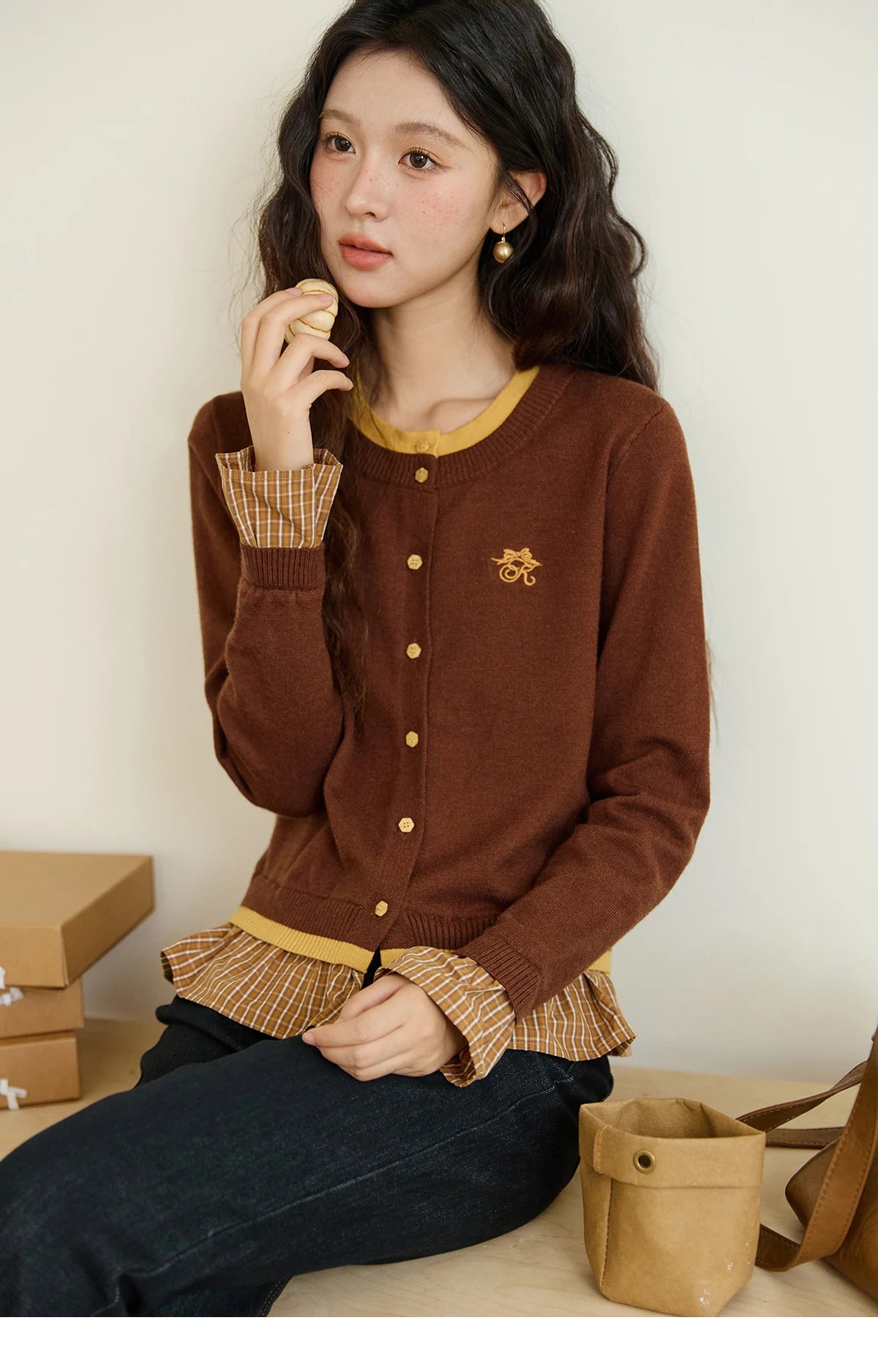 Mishow Fake Two Bow Embroidered Plaid Splicing Sweater MXE46Z2495