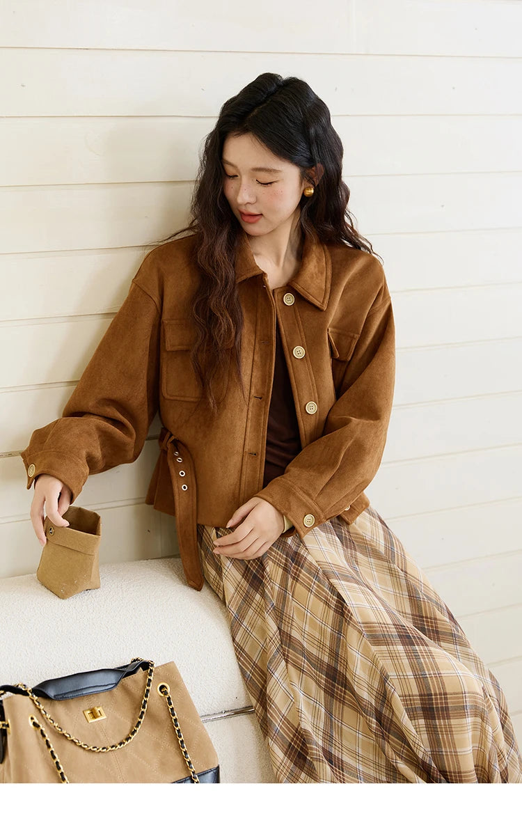 MISHOW Brown Lapel Jacket Metal Button Decorated Windproof MXE46W0864