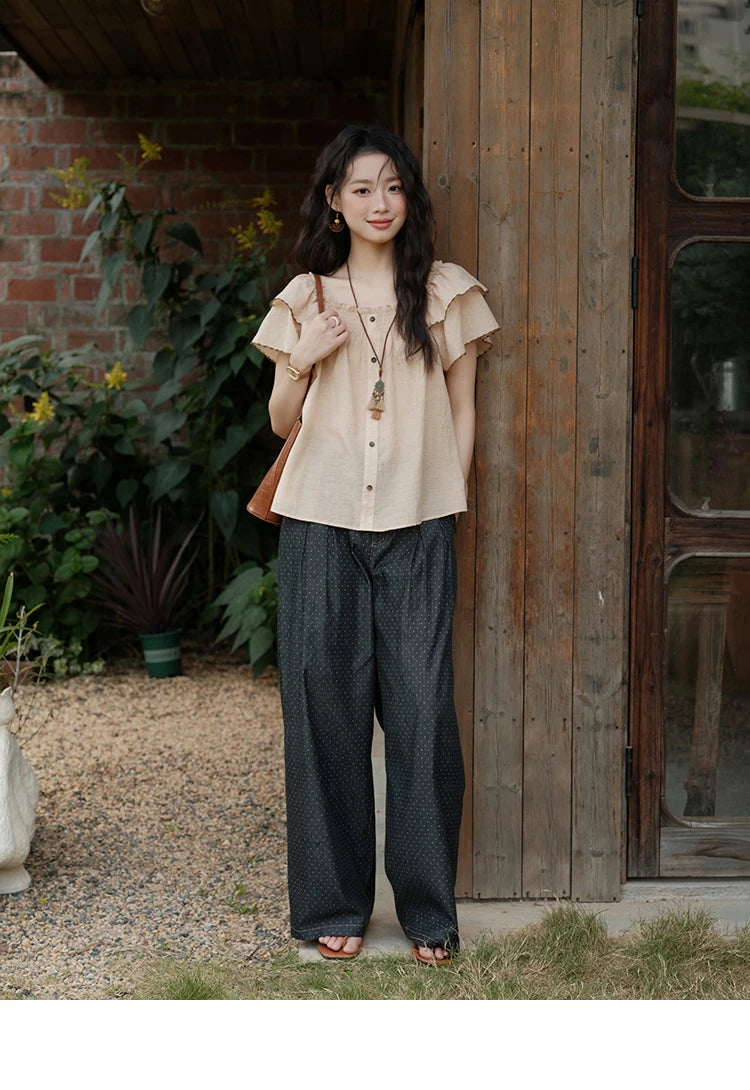 MISHOW Butterfly Sleeve Blouse Square Neck Button Loose MXE37X1854