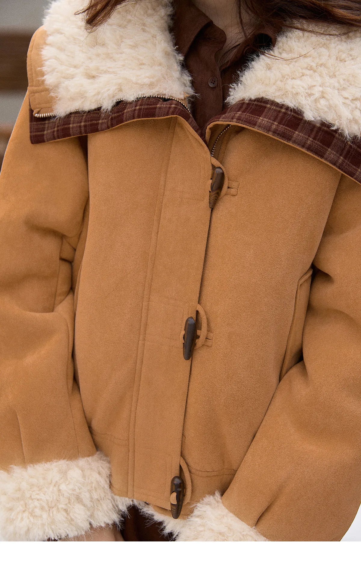 MISHOW Camel Shearling Jacket Faux Fur Collar Splicing Plaid Horn Button MXE91W1002