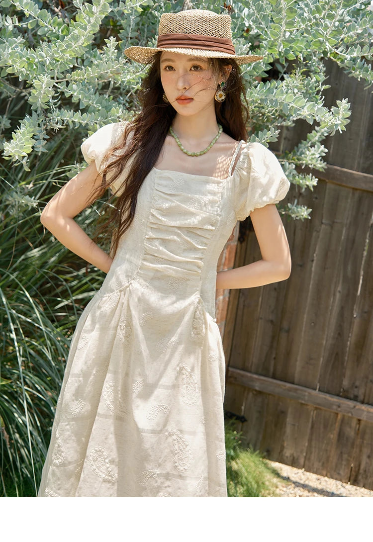 Mishow Paisley Embroidery Square Neck Puff Sleeve Dress MXE34L2265