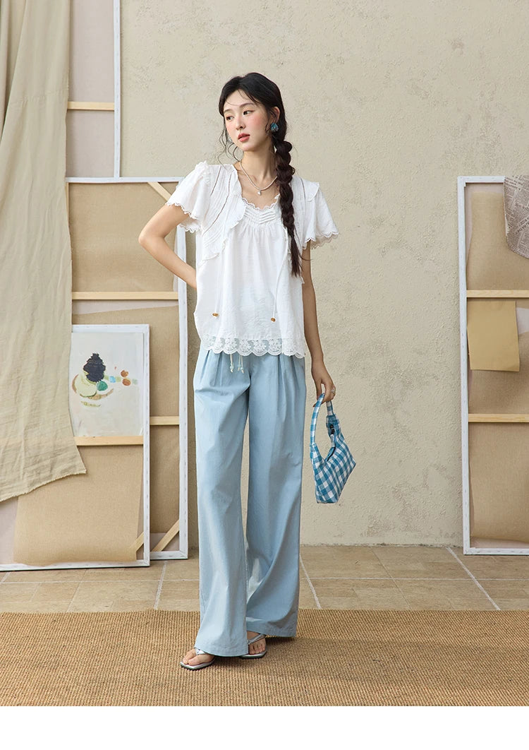 MISHOW Sea Salt Blue Wide Leg Pants Contrasting Bead Belt MXE35K0931