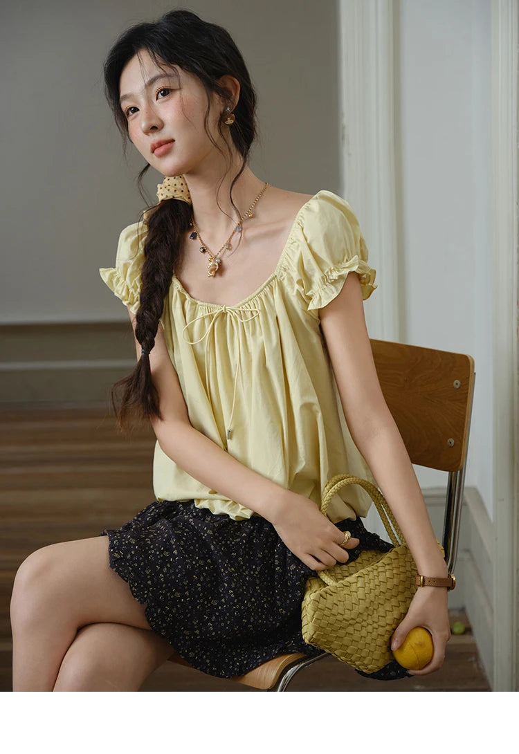 MISHOW Cotton Blouse Puff Sleeve Lace Up O-Neck MXE37X1893