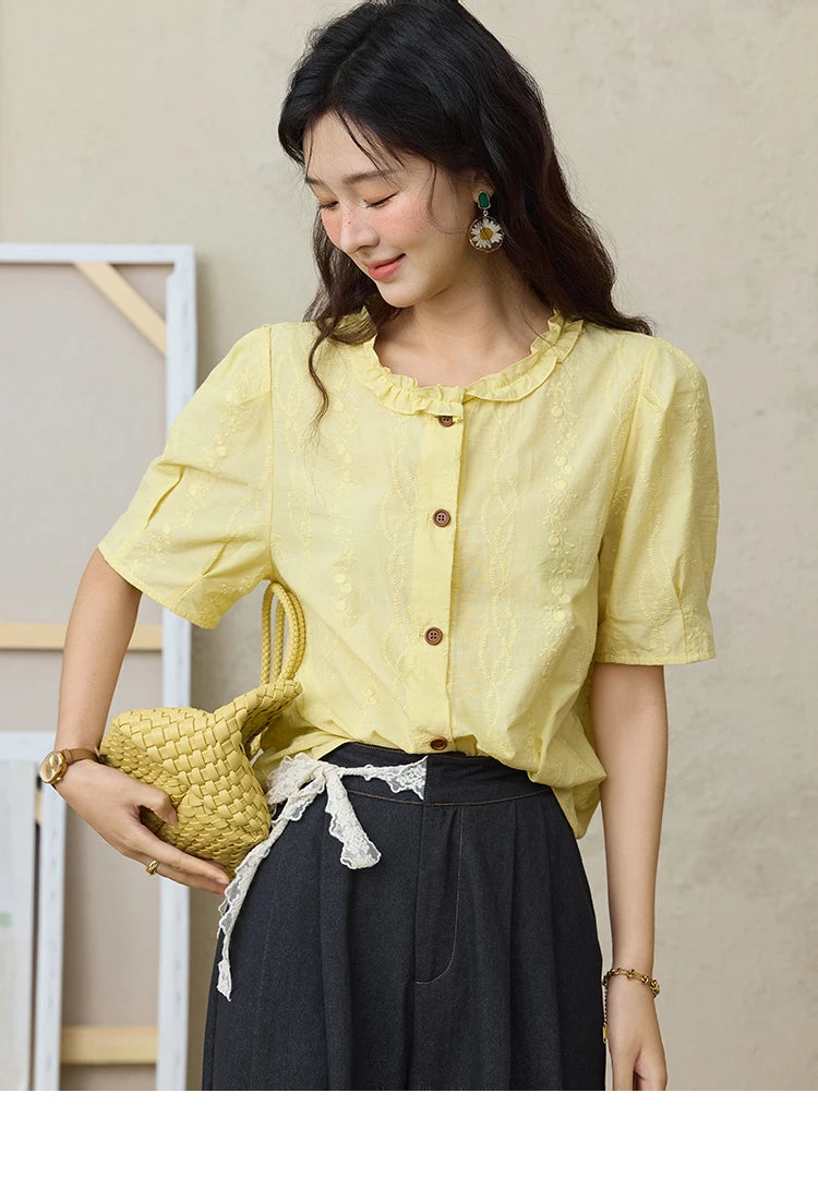 MISHOW 100% Cotton Puff Sleeve Shirt Round Neck Button MXE36X1873