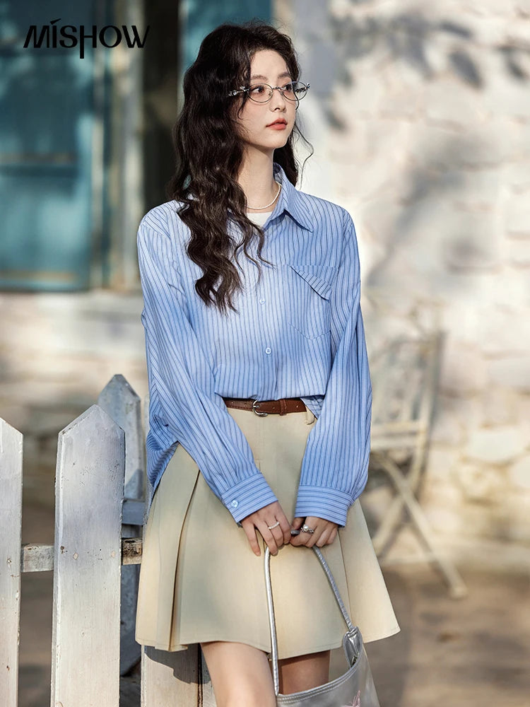 MISHOW Blue Striped Shirt Pocket Turn-Down Collar MXE11C0399