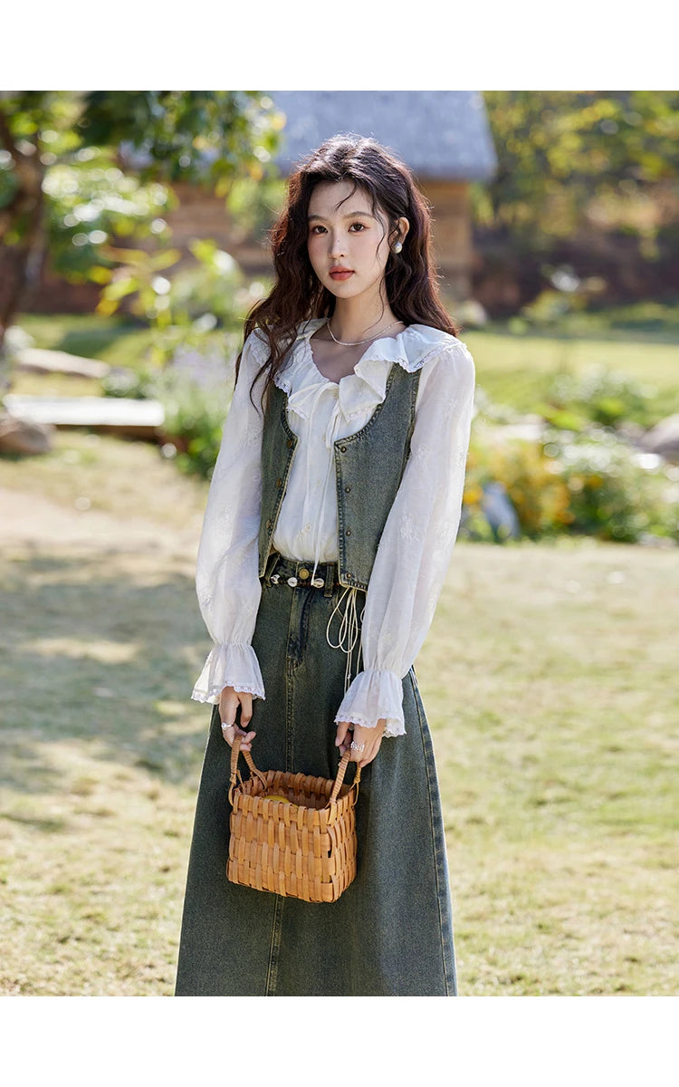 Mishow Korean Denim Vest Coat & Slim A-Line Midi Skirt Set MXE13W0731