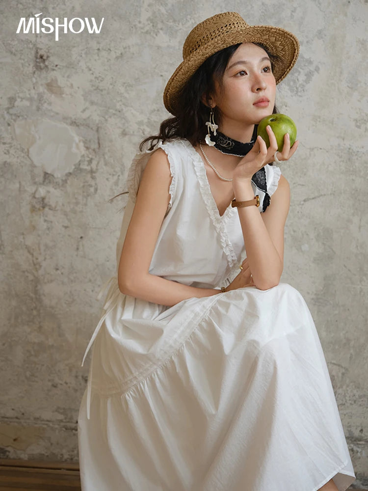 Mishow V-Neck Lace Drawstring Waist Dress MXE37L2331