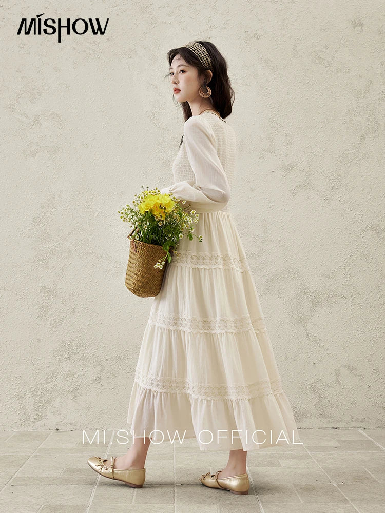 Mishow Apricot 100% Cotton Splicing Lace Dress MXE16L2168