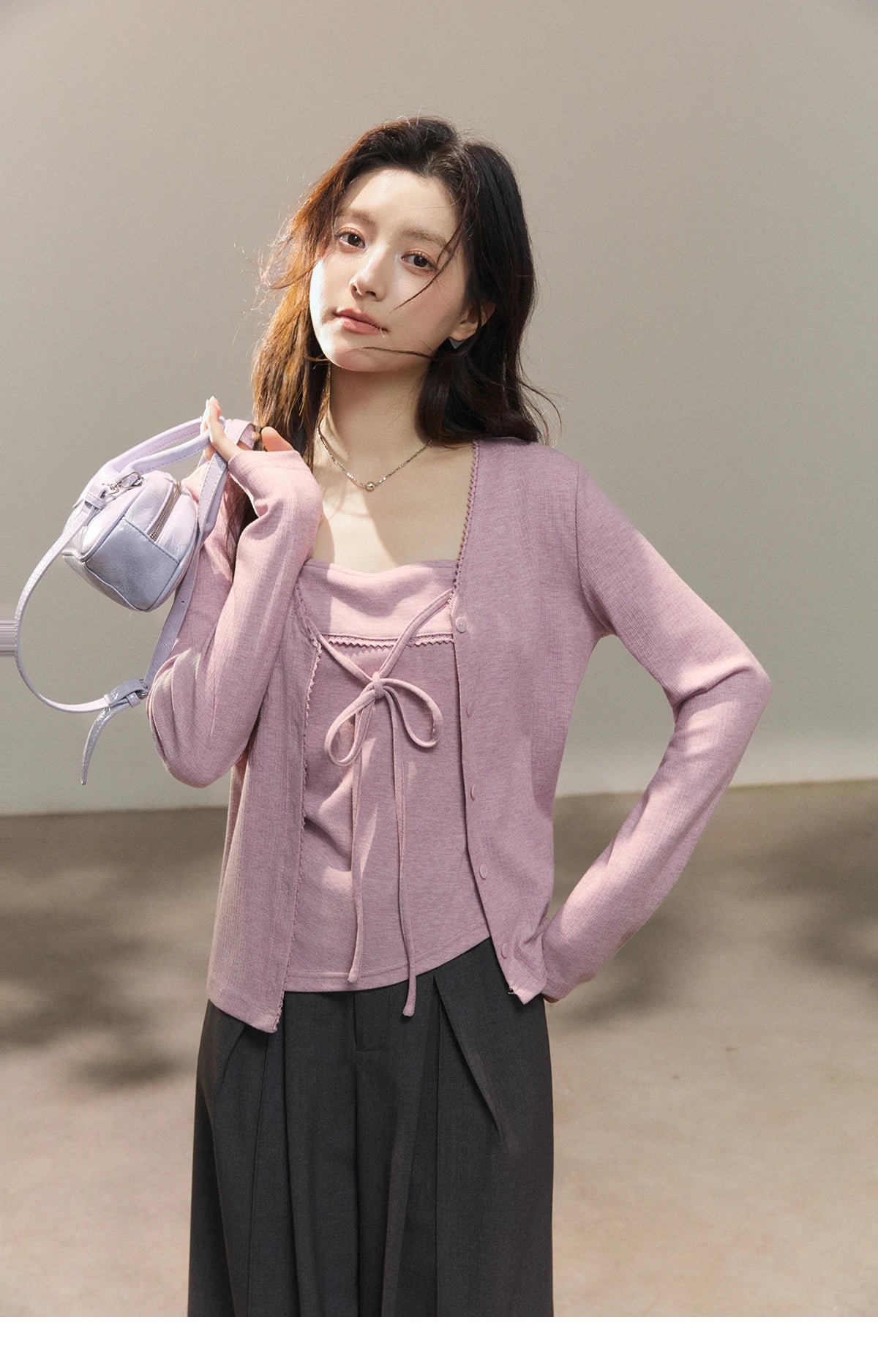 Mishow Purple Lace-Up Cardigan & Camisole Set MXF13Z2998
