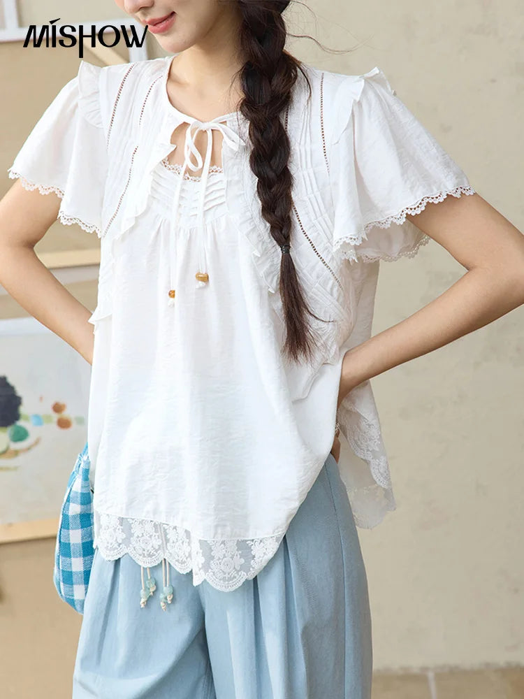 MISHOW White Lace Up Blouse Butterfly Sleeve Hollow Lace MXE34X1784