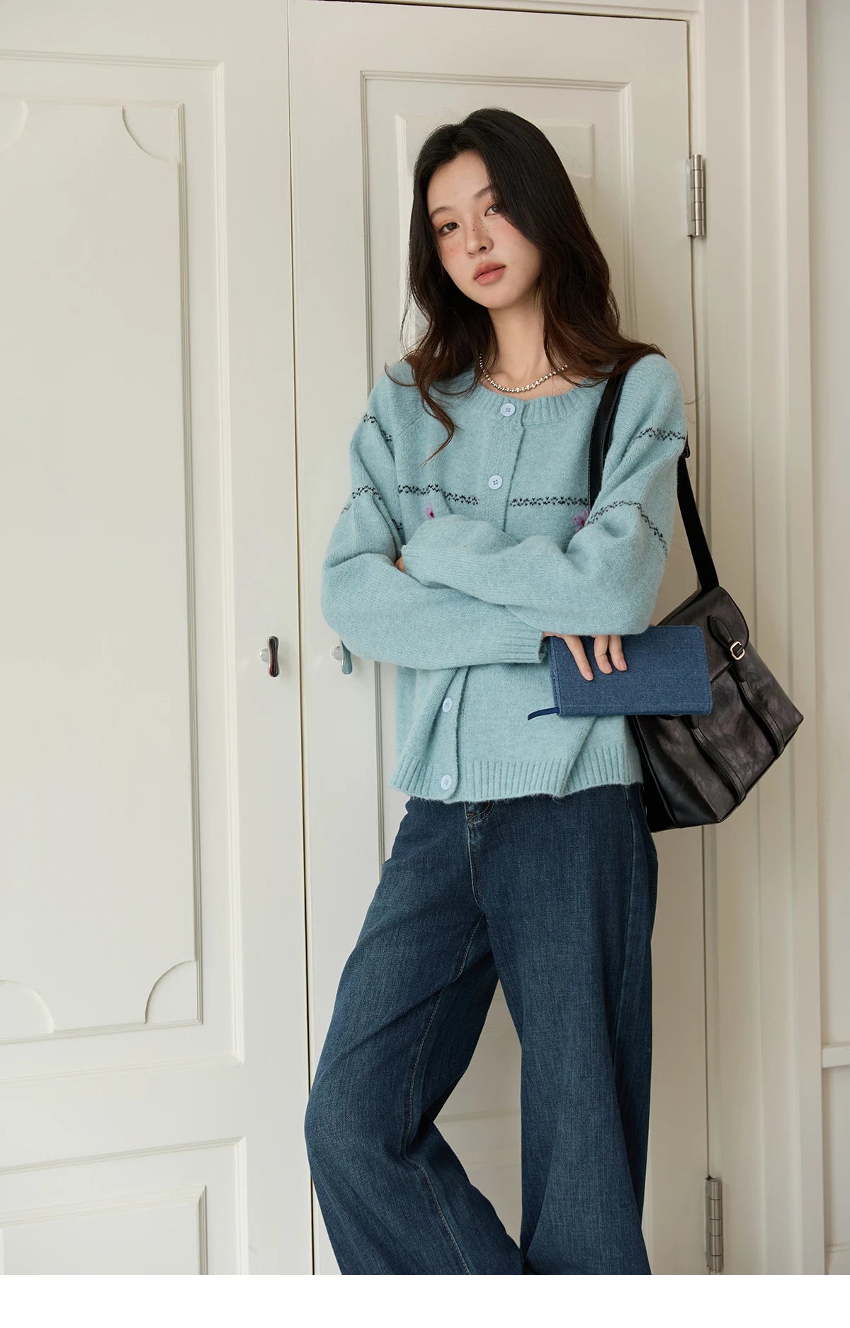 Mishow Blue Flower Embroidered Loose Cardigan MXE46Z2581
