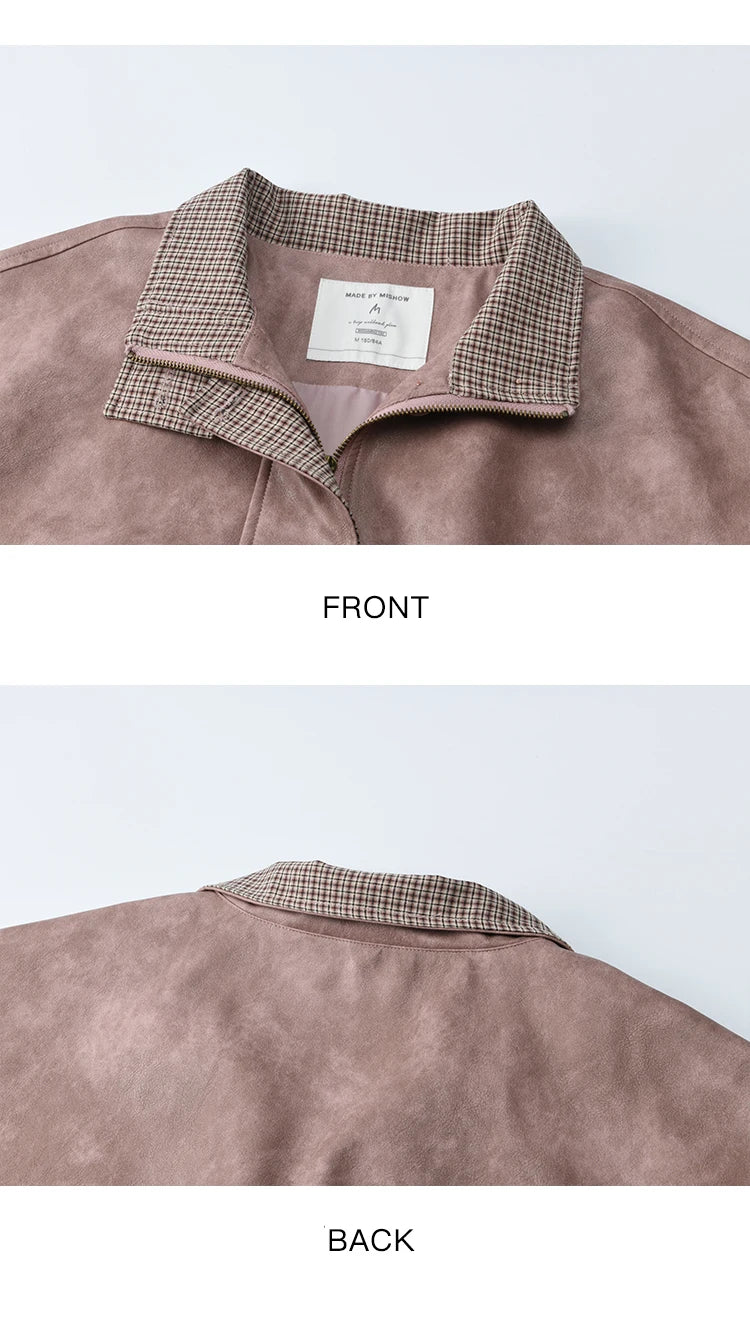 MISHOW Dyed Leather Jacket Contrasting Plaid Lapel Bow Pockets MXE44W0818