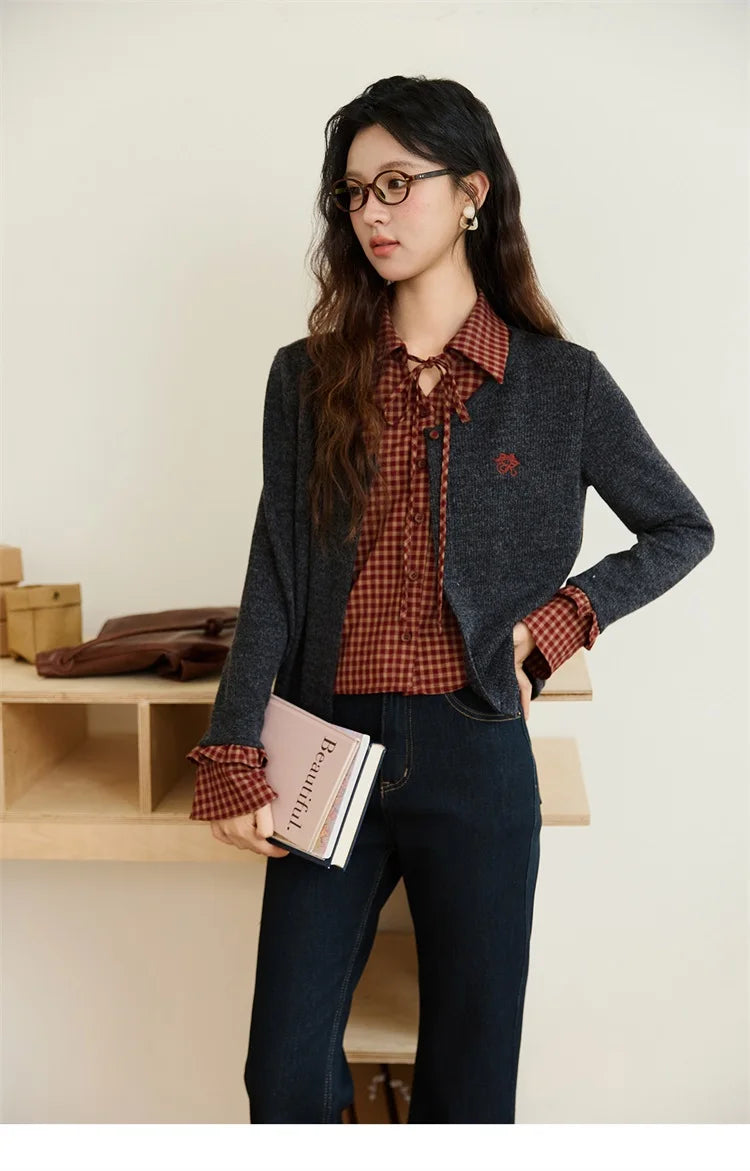 MISHOW Fake Two Knitted Sweater Plaid Splicing Flare Sleeve MXE45Z1401