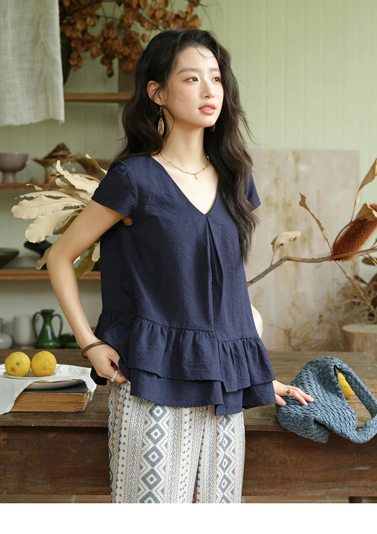 Mishow Lotus Leaf Edge V-Neck Blouse & Geometric Wide Leg Pants Set MXE39T0670
