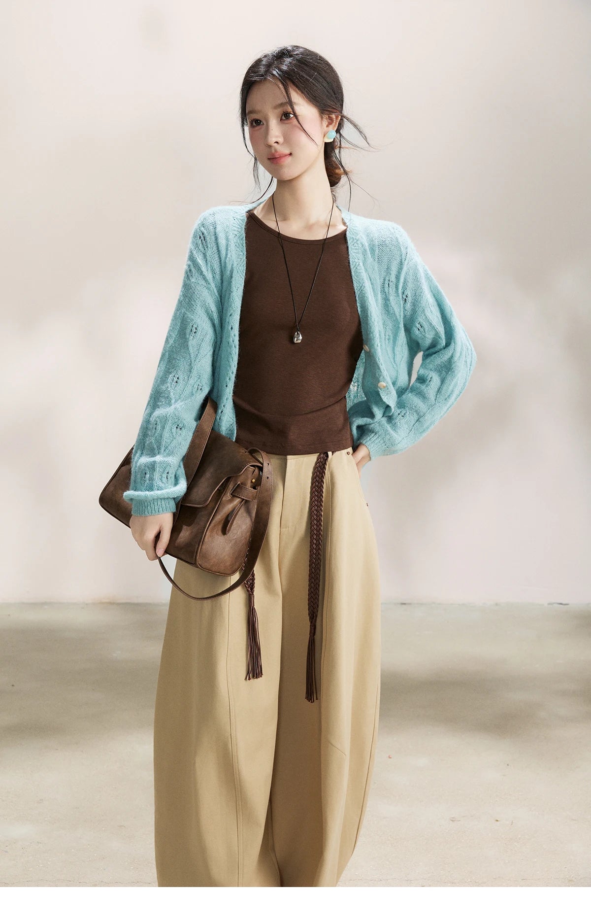 Mishow Blue Hollow Out V-Neck Wool Cardigan MXF13Z2975
