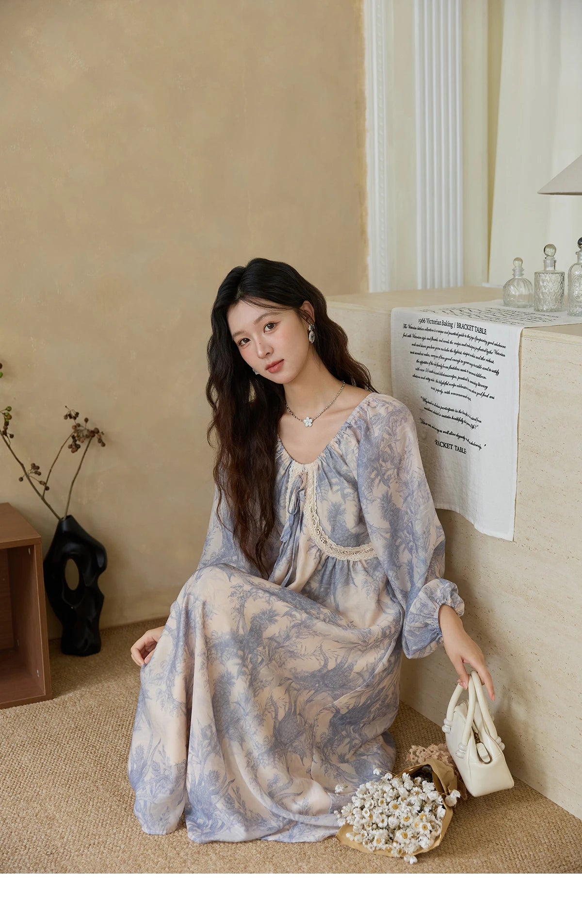Mishow Blue Floral Lace Panel Drawstring Dress MXE45L2507