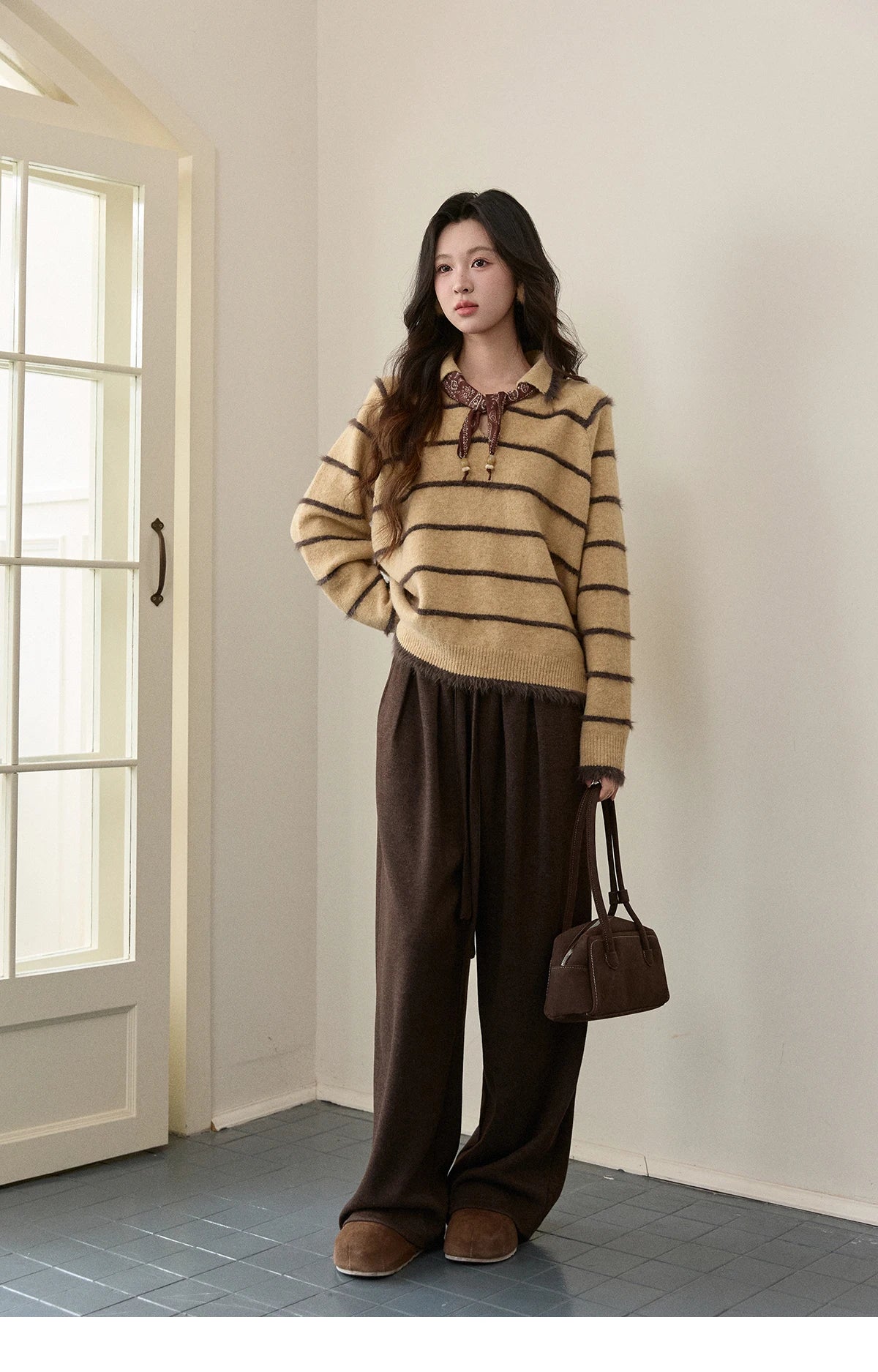 Mishow Faux Mink Fur Striped Lapel Tassel Sweater MXE93Z2945
