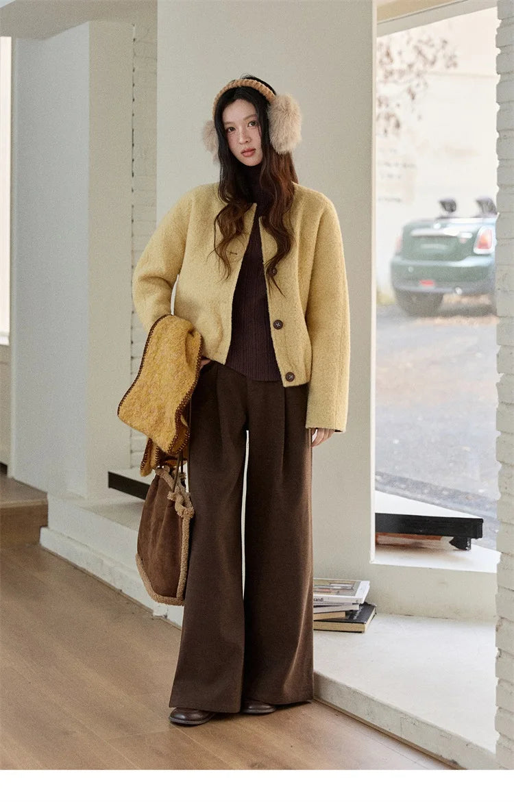 MISHOW Brown Wool Quilted Coat Round Neck Short Loose MXE87W0935