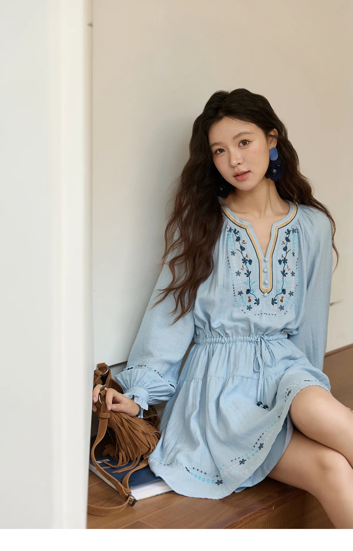 Mishow V-Neck Embroidered Drawstring Bohemian Dress MXE44L2489