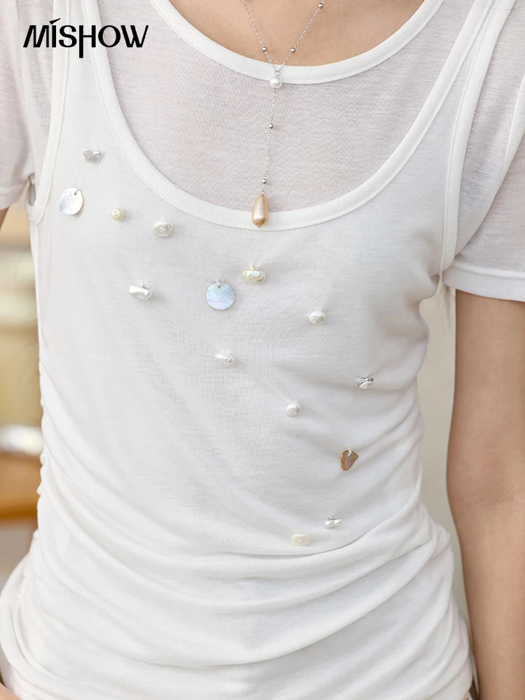 Mishow White Fake Two-Piece Bead Tee MXE35T0566