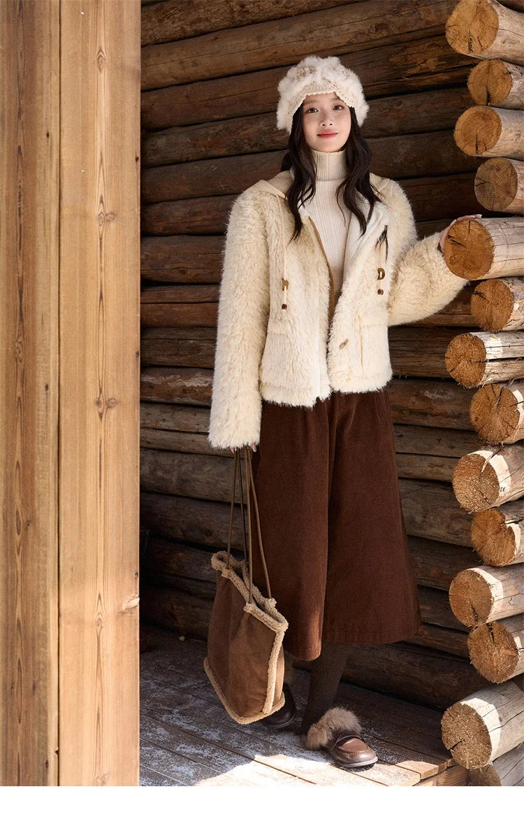 MISHOW Beige Knitted Hooded Plush Coat Warm Windproof MXE86W0908