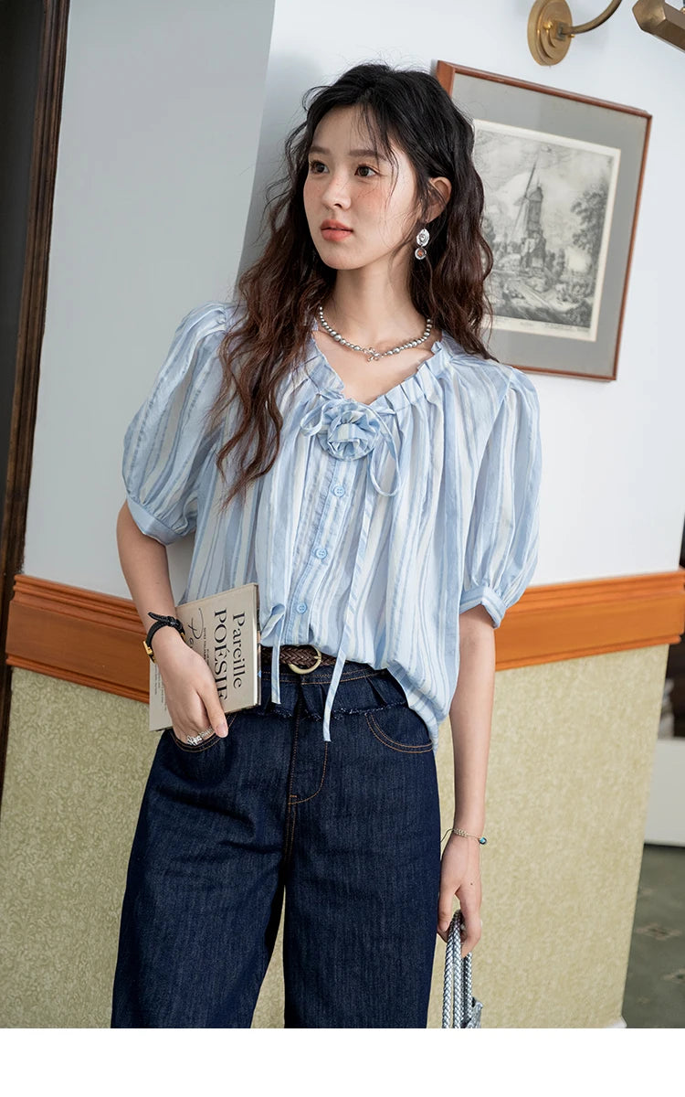 MISHOW Striped Puff Sleeve V-Neck Button Shirt MXE36X1870