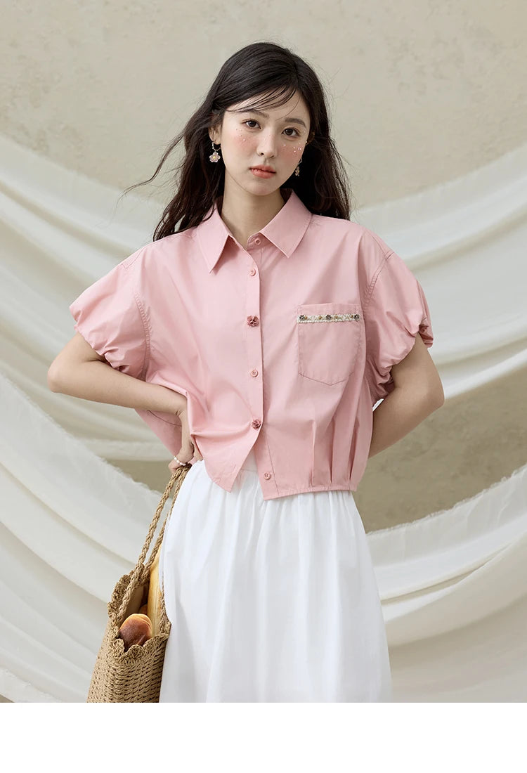 MISHOW Short Puff Sleeve Blouse Turn Down Collar Shell Ribbon MXE33C0773