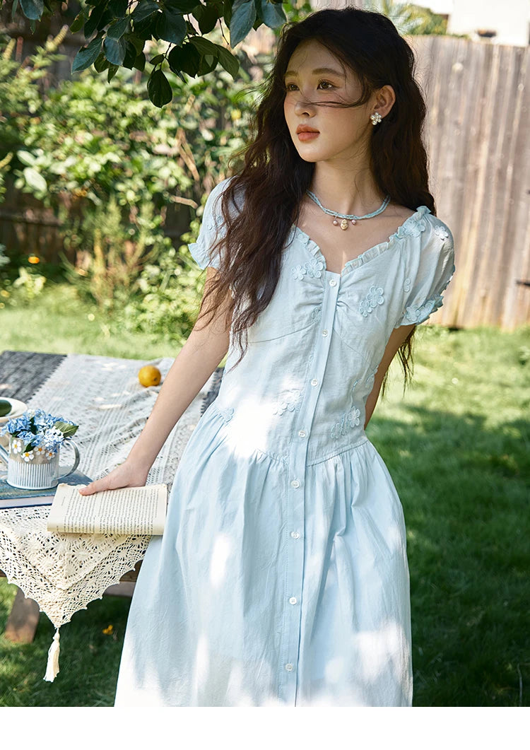 Mishow V-Neck Mushroom Edge Embroidery Button Dress MXE39L2407