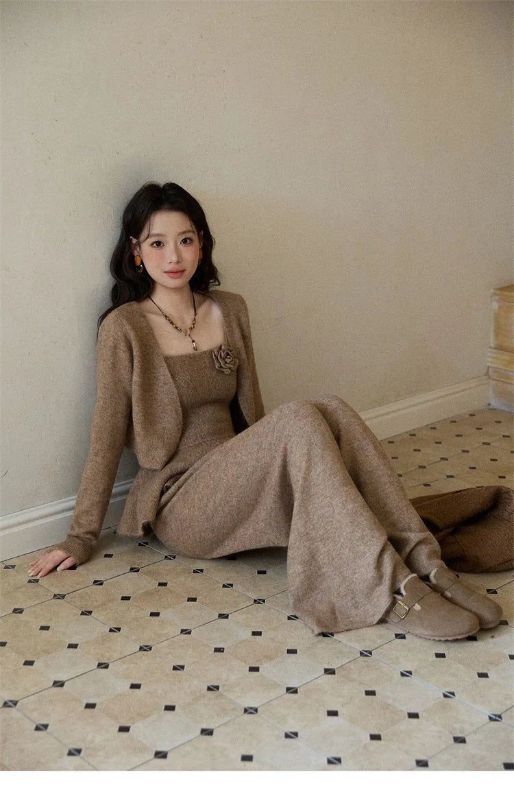 Mishow Khaki Knitted Three-Dimensional Floral Camisole Cardigan & Wide Leg Pants Three-Piece Set MXE87T1449