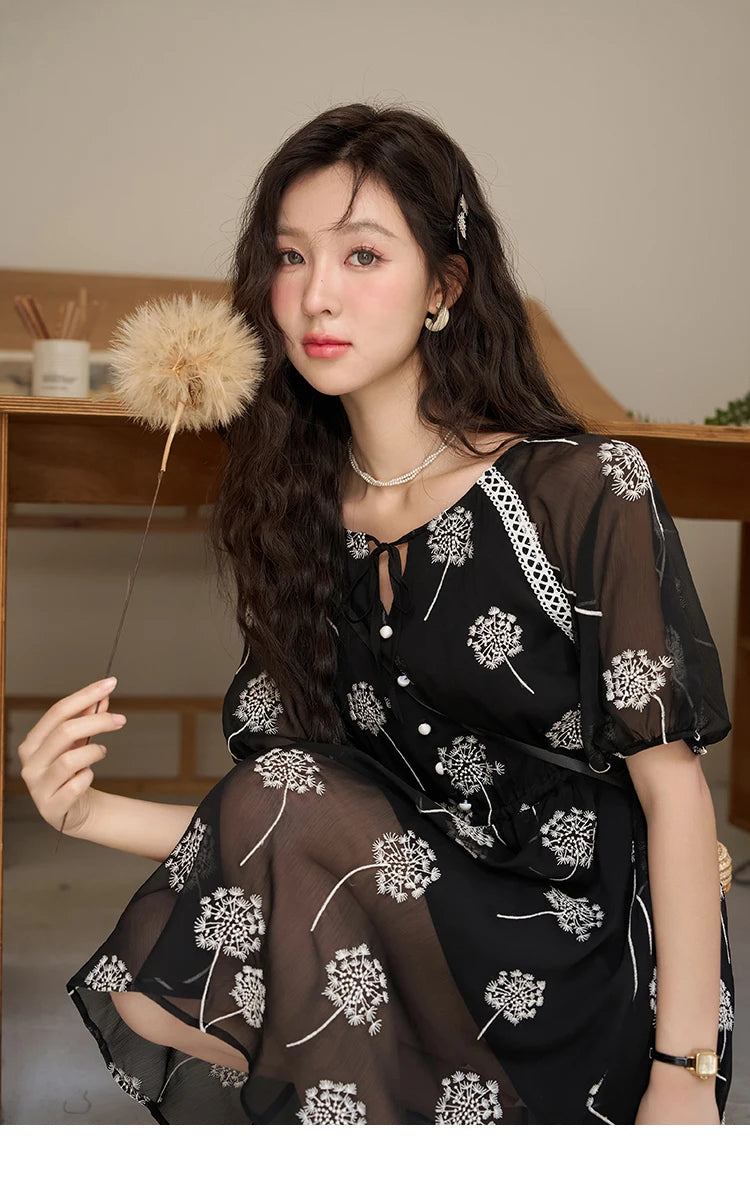 Mishow Taraxacum Black Embroidered Lace-Up Dress MXC39L1567
