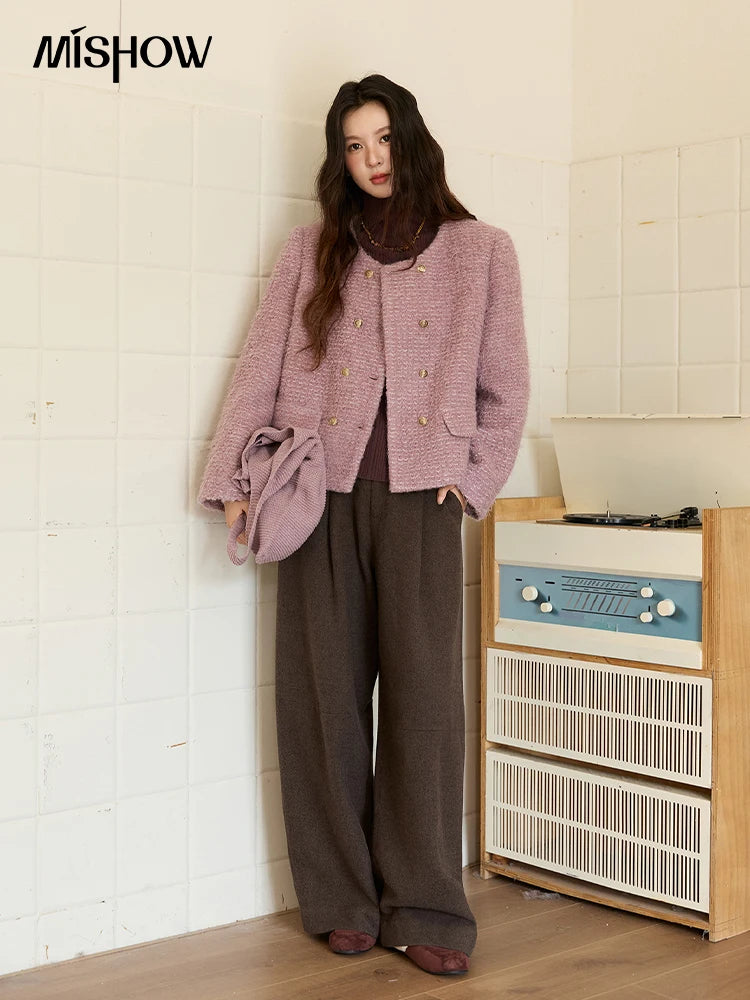 Mishow Purple Double-Breasted Tweed Wool Coat MXE88W0881