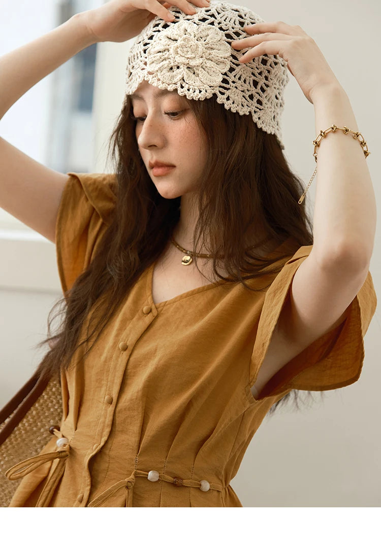 MISHOW Petal Sleeve Slim Shirt V-Neck Bead Belt MXE39X1881
