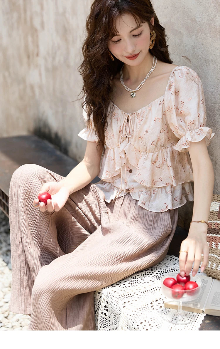 MISHOW Floral Print Square Neck Shirt Bubble Sleeve Patchwork MXD30X1565
