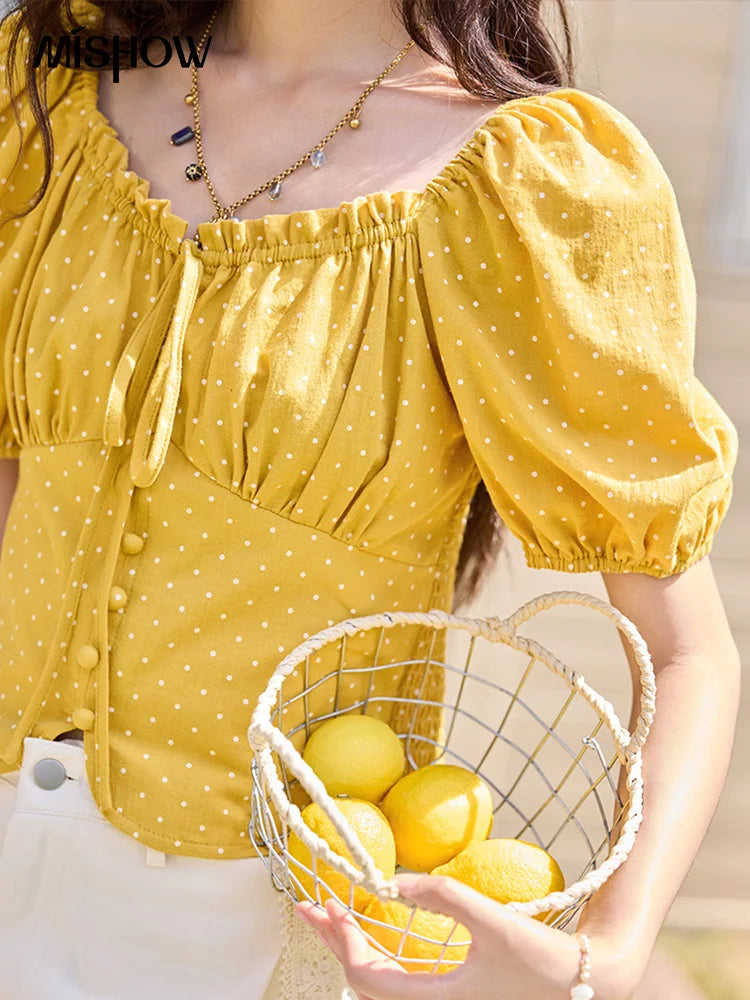 MISHOW Yellow Polka Dot One Shoulder Blouse Back Elastic Lace-Up MXE35X1840