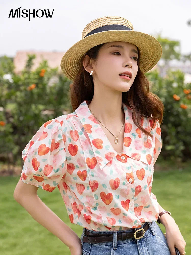 MISHOW Korean Floral Blouse Polo-Neck Puff Sleeve MXB27C0450