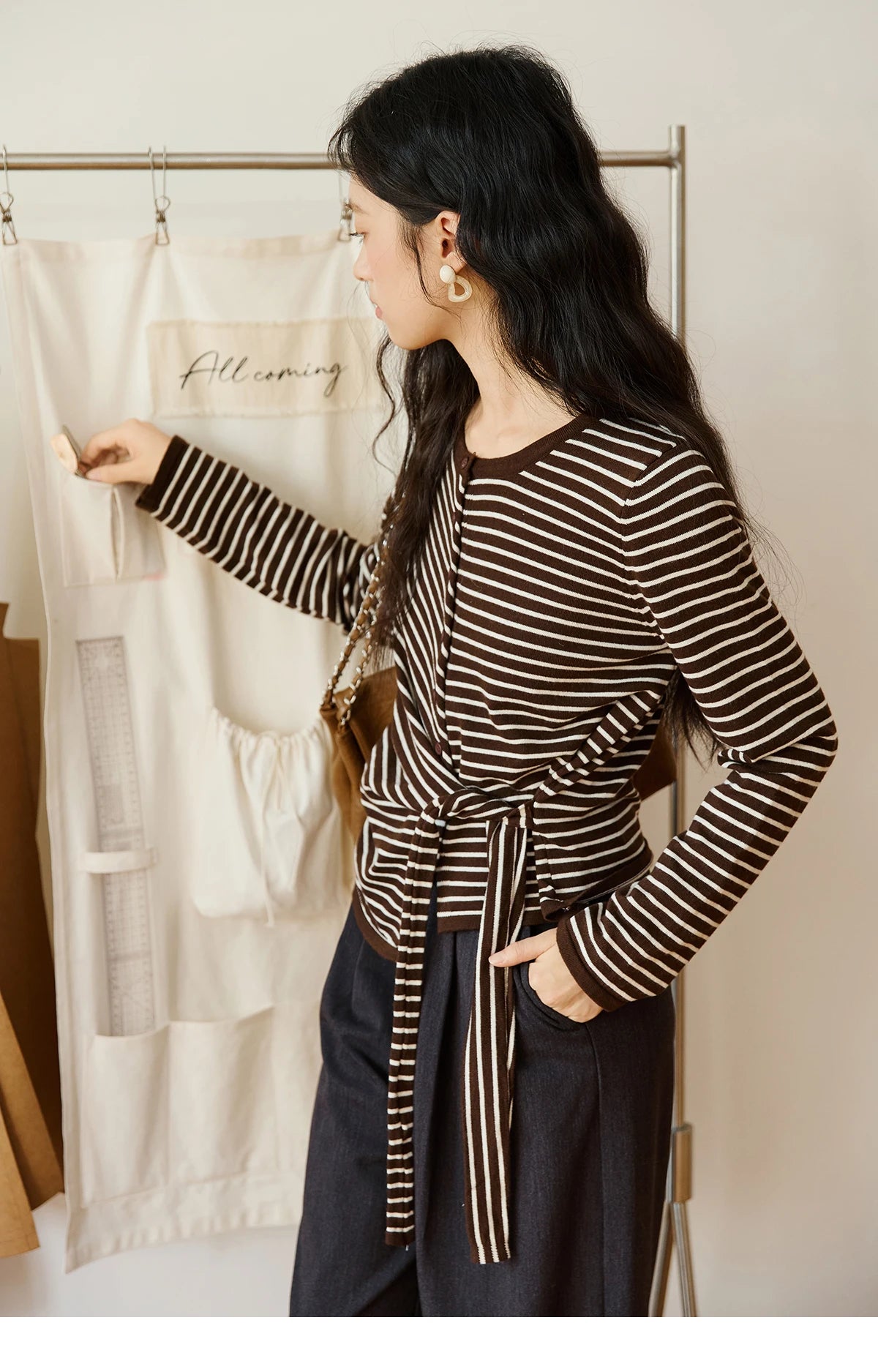 Mishow Coffee Striped Knitted Cardigan Sweater MXE46Z2537