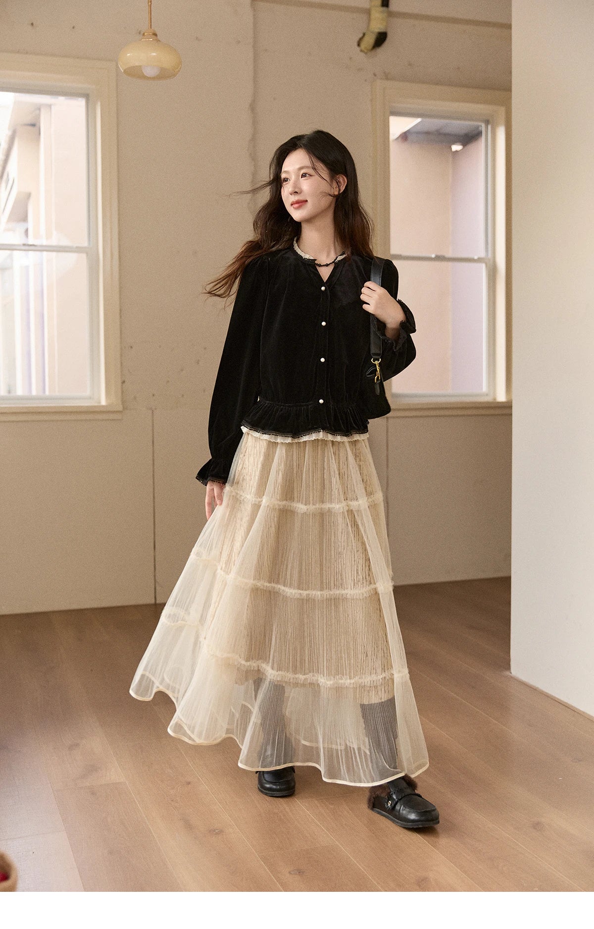 Mishow Black Velvet Lace Pearl Button Puff Sleeve Shirt MXE94X2516