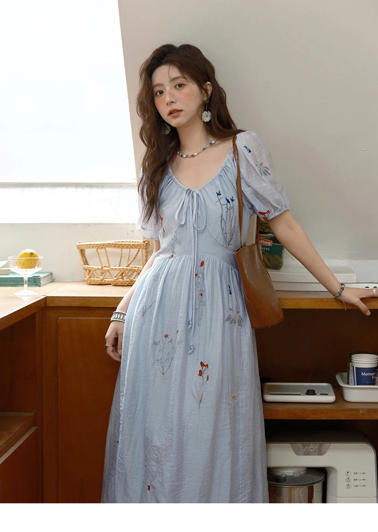 Mishow V-Neck Lace-Up Embroidery Vacation Dress MXE34L2284