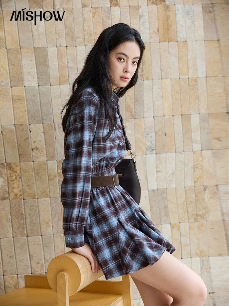 Mishow Blue Plaid Turn-Down Collar Belt Dress MXE48L2525