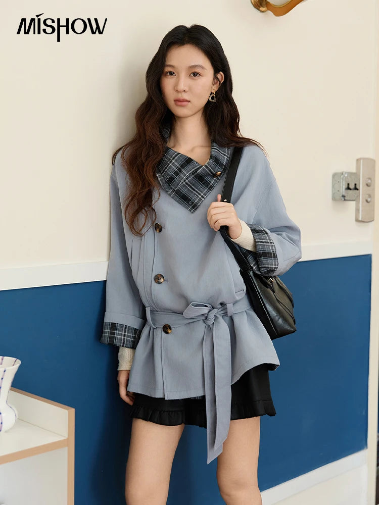 Mishow Blue Plaid Two-Sided Trench Coat MXE48W0871