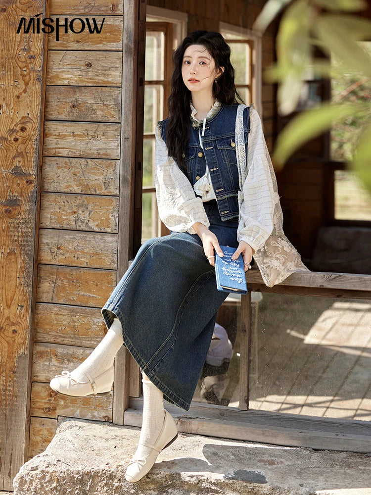 MISHOW French Striped Blouse Lace Collar Chiffon MXE12C0387