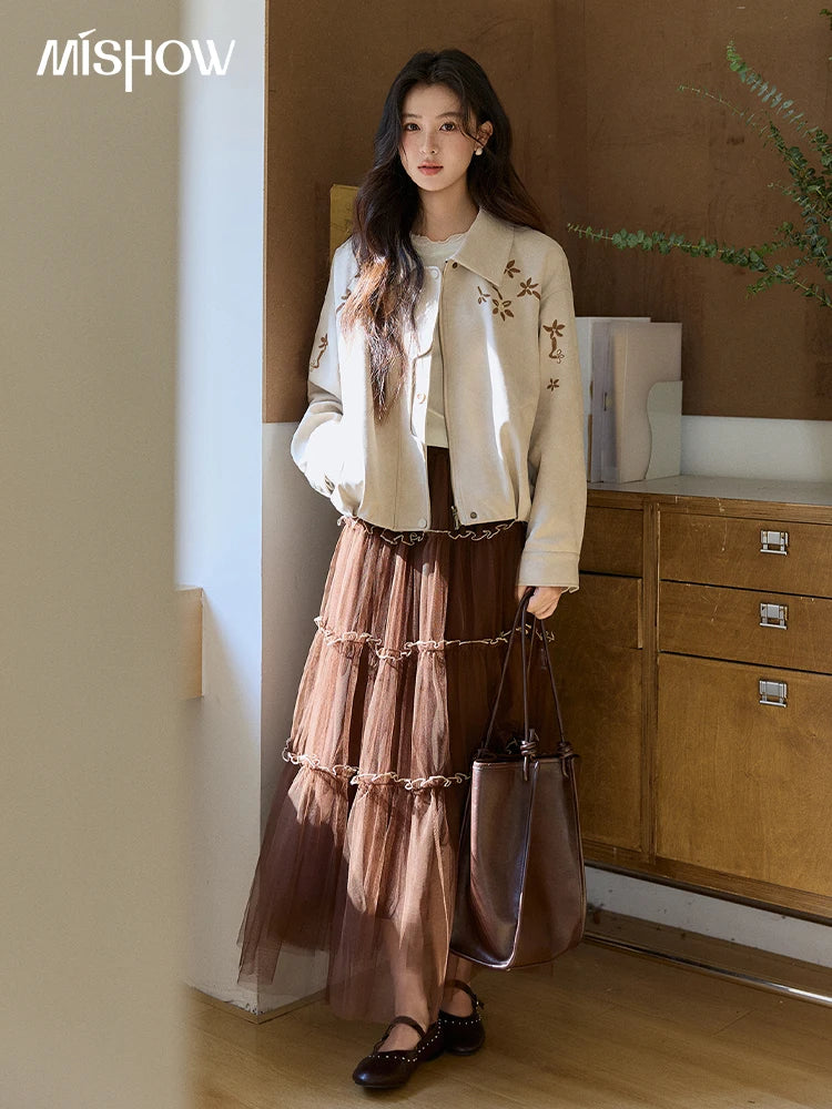 MISHOW Imitation Suede Jacket Floral Embroidery Lapel Zipper MXF11W1027