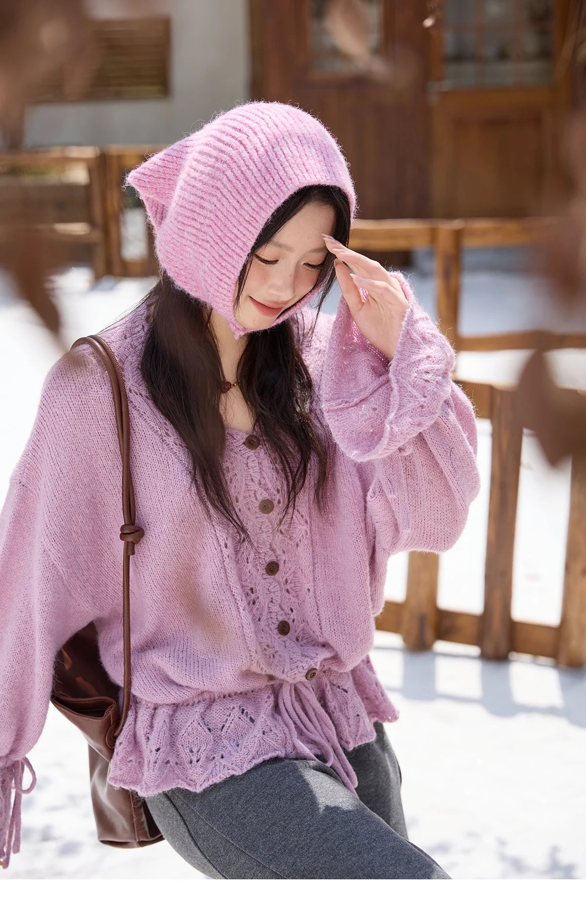 Mishow Hollow Knit V-Neck Flared Sleeve Cardigan MXE47Z2513