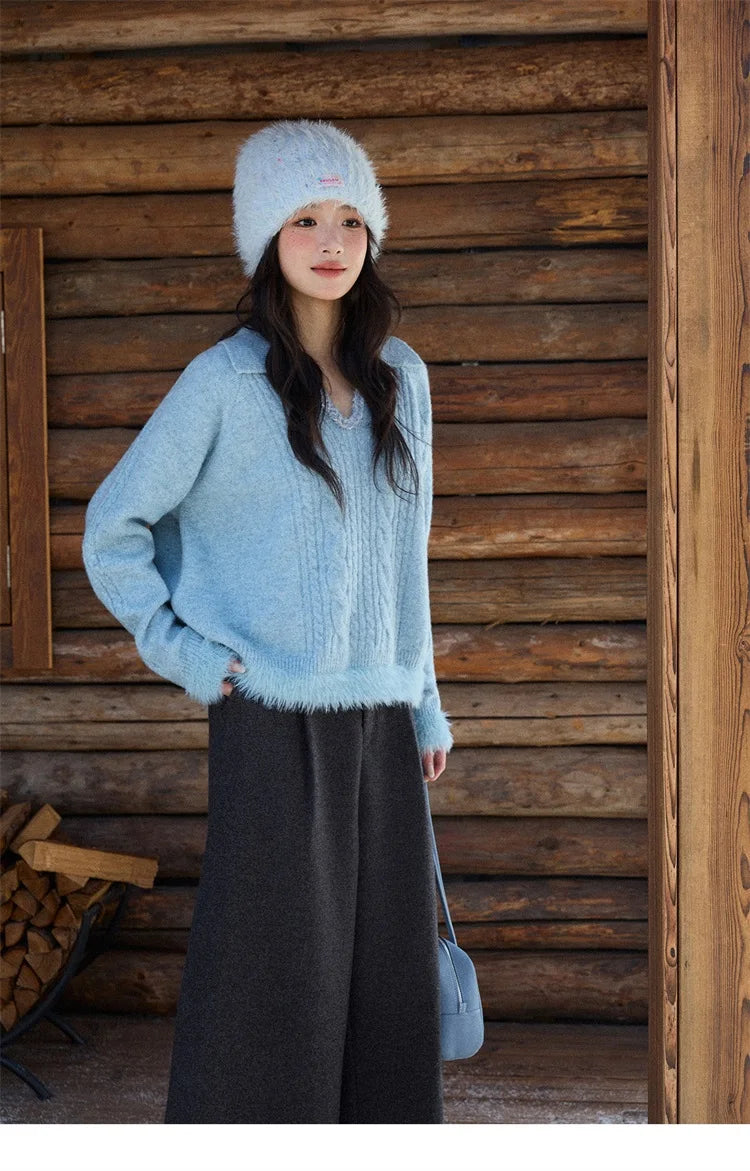 MISHOW Gray Wool Wide-Leg Pants High-Waisted Cropped MXE90K1128