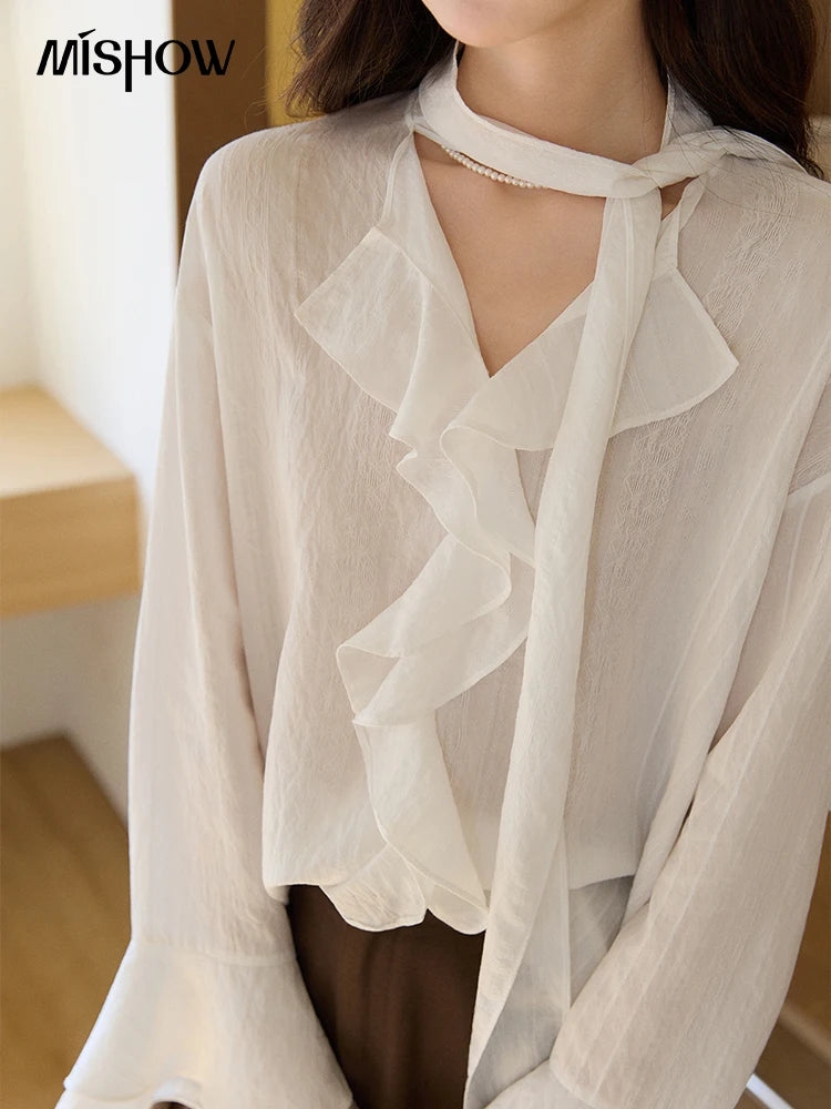 MISHOW Ruffle Trim Chiffon Blouse Detachable Scarf MXF108X0999
