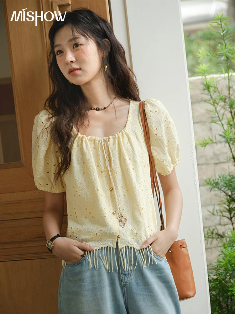 MISHOW Hollow Out Blouse Embroidery Puff Sleeve Square Collar Tassel MXE37X1851