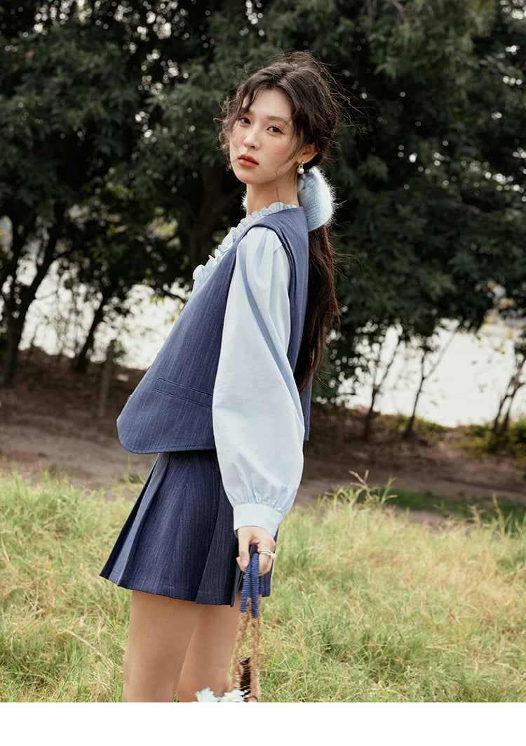 Mishow V-Neck Vest Coat & Pleated A-Line Skirt Set MXE31T0505