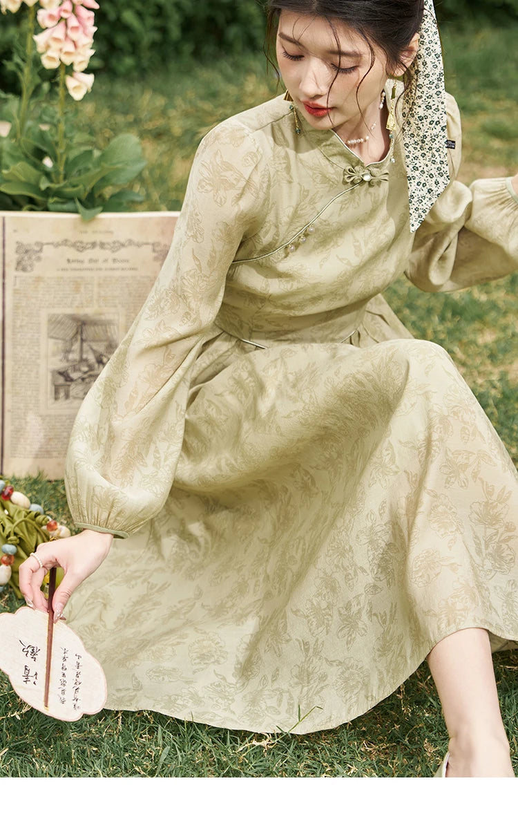 Mishow Chinese Cheongsam Green Puff Sleeve Dress MXD14L1767