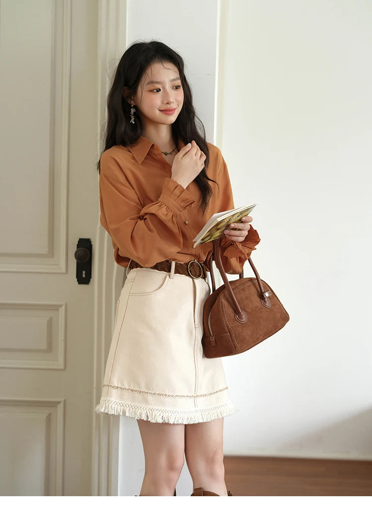 MISHOW Women's Color Block Shirt Pleated Cuffs Lapel Top MXE41C2352